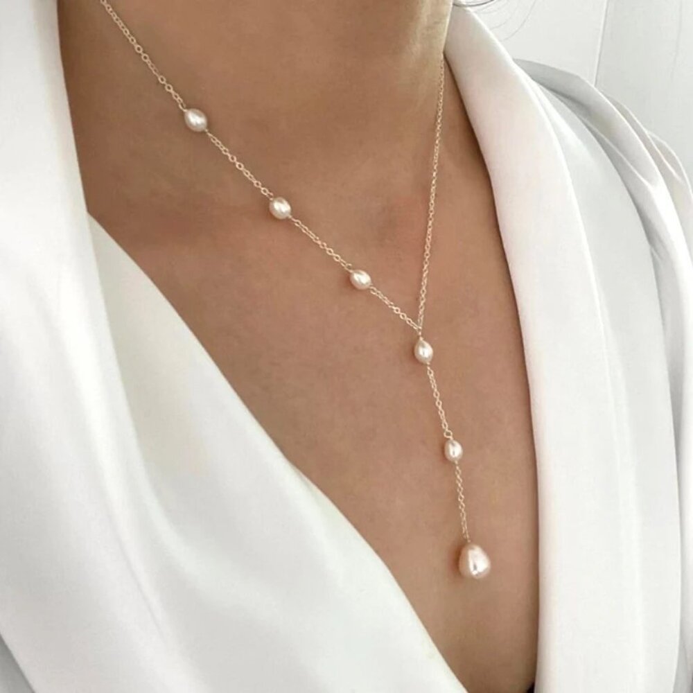 New Sterling Silver Chain Link Fresh Water Peals Y Shaped Necklace Gift Box